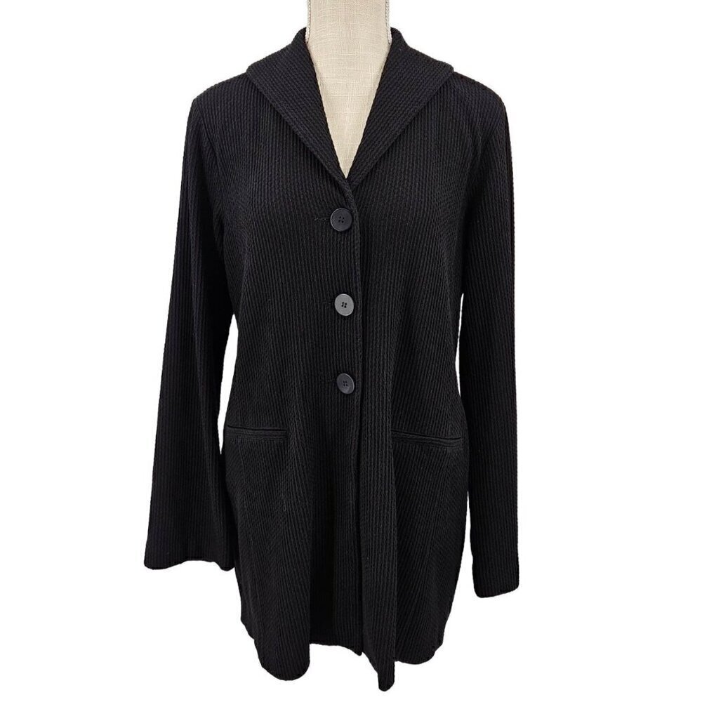 Eileen Fisher Waffle Knit Button Front Jacket Black Women’s Size M Minimalist